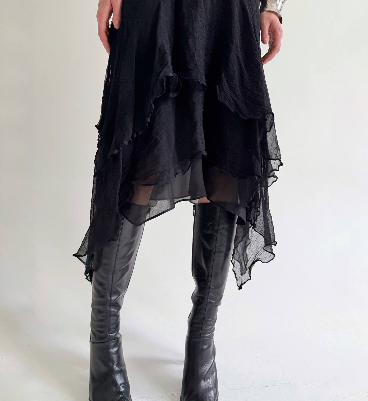 Y2K pure silk bottom black asymmetrical dress