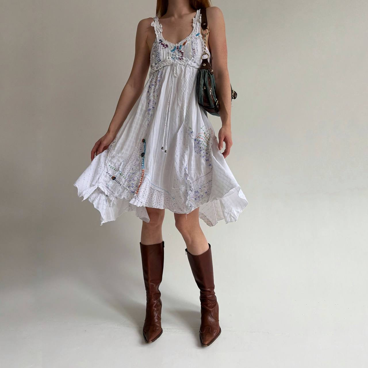 Vintage asymmetrical cotton dress with abstract embroidery