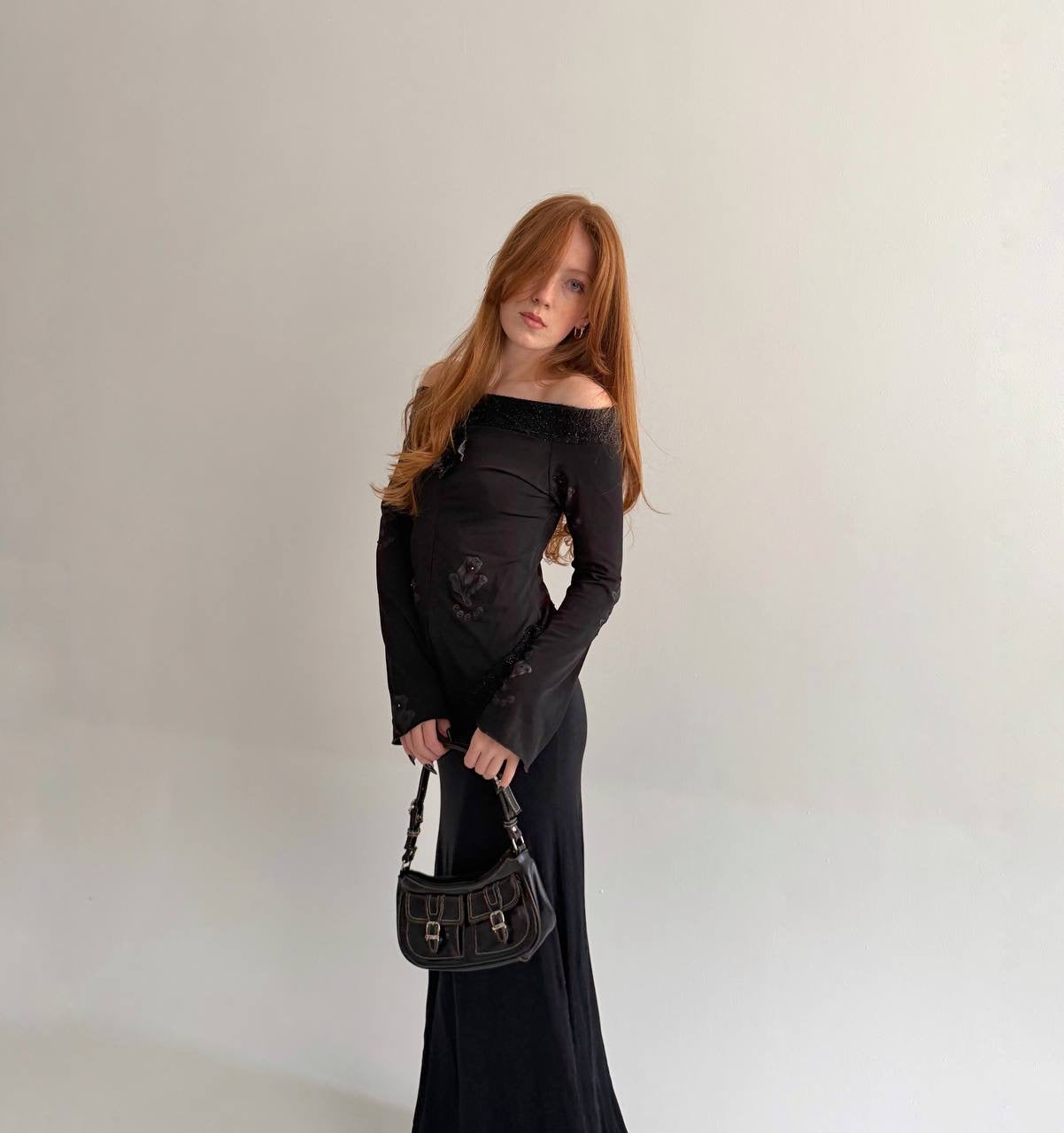 Y2K made in Italy black blouse with flower appliqué