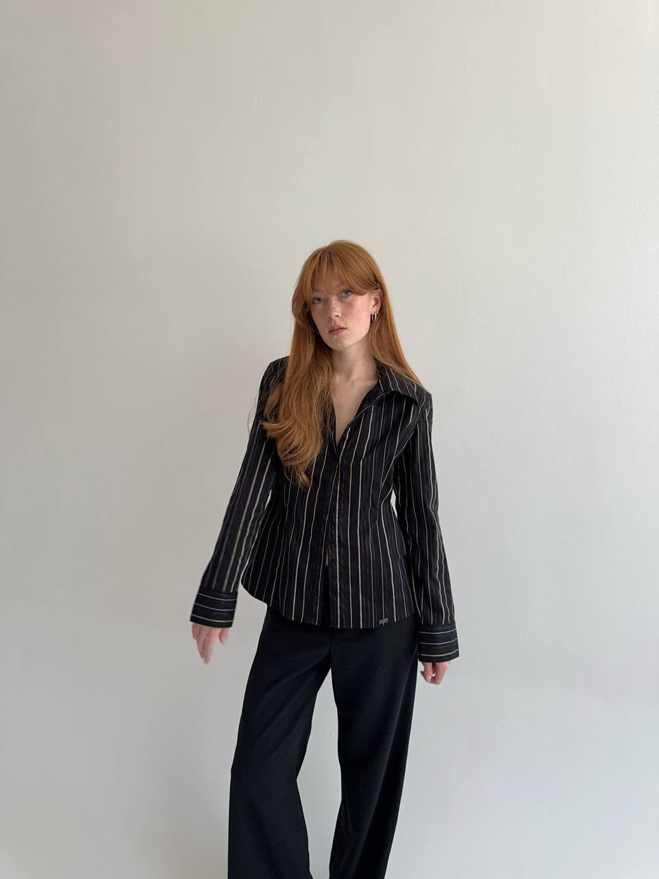 Vintage striped 55% cotton black shirt