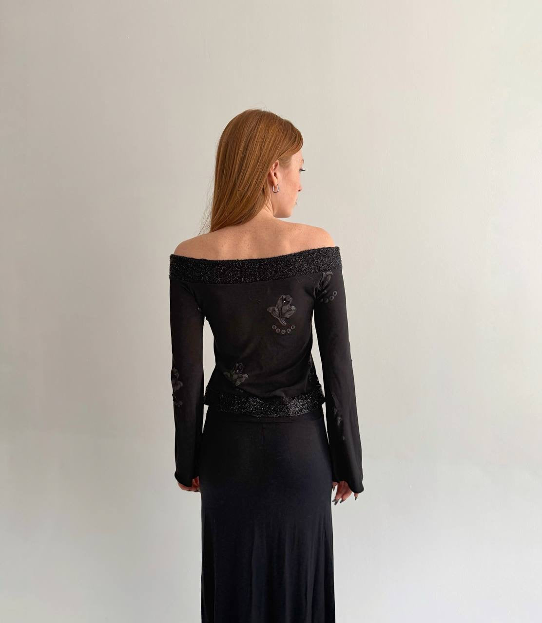 Y2K made in Italy black blouse with flower appliqué