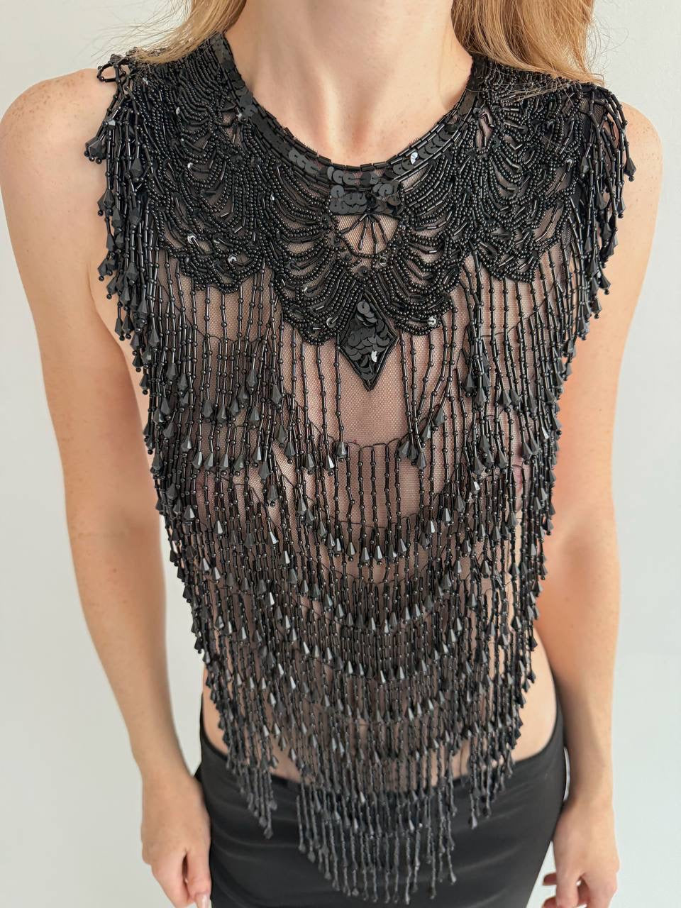 Vintage black beaded fringe mesh top accessory