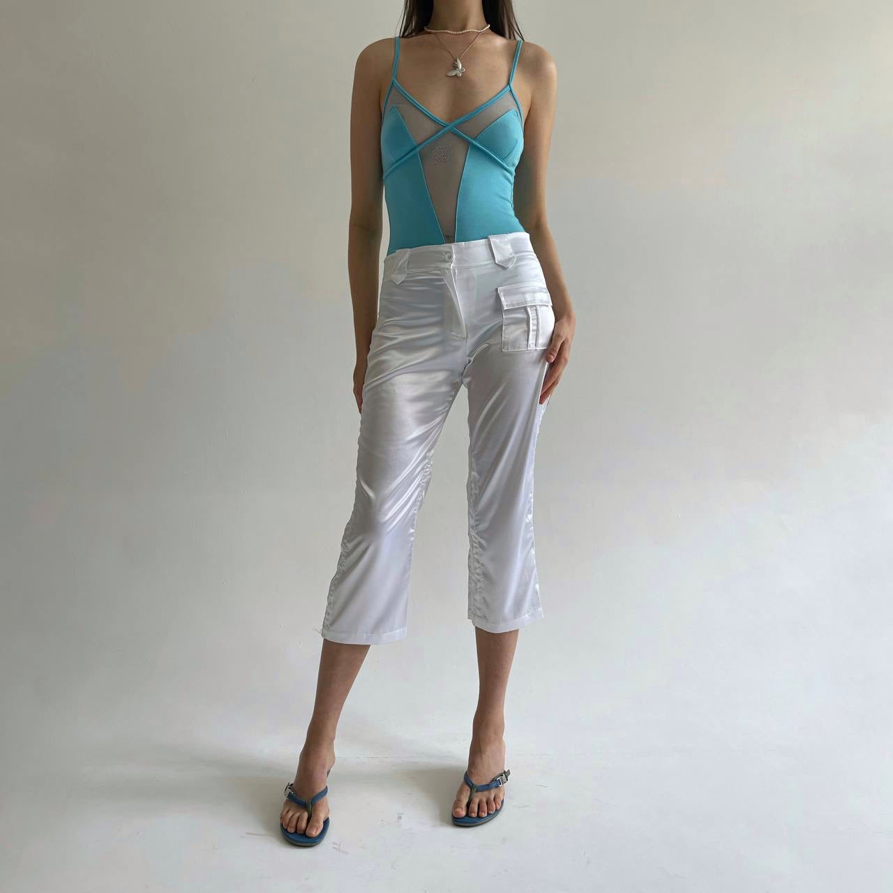 Vintage white satin capris with side gathering