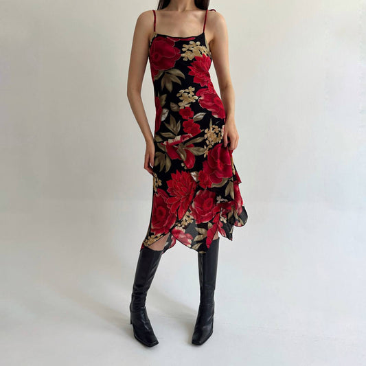 Vintage viscose red flower printed dress
