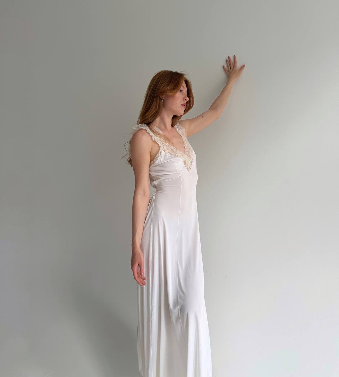Vintage white long nighgown with lace and back tie
