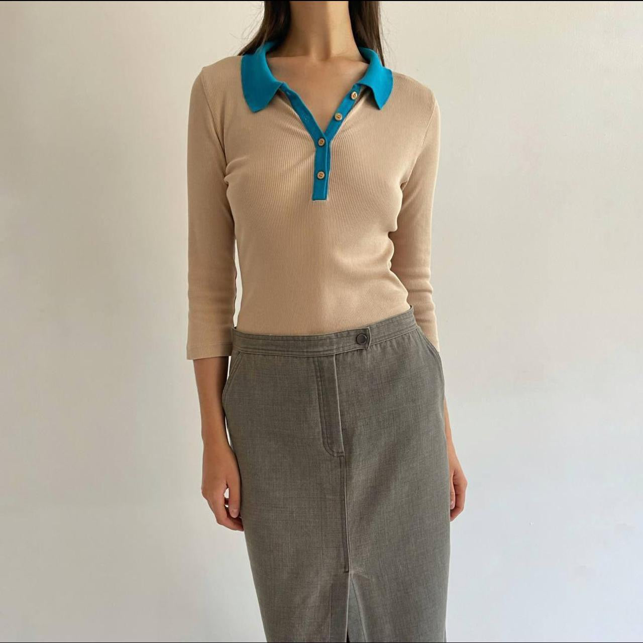 Vintage Escada beige blouse with turquoise collar