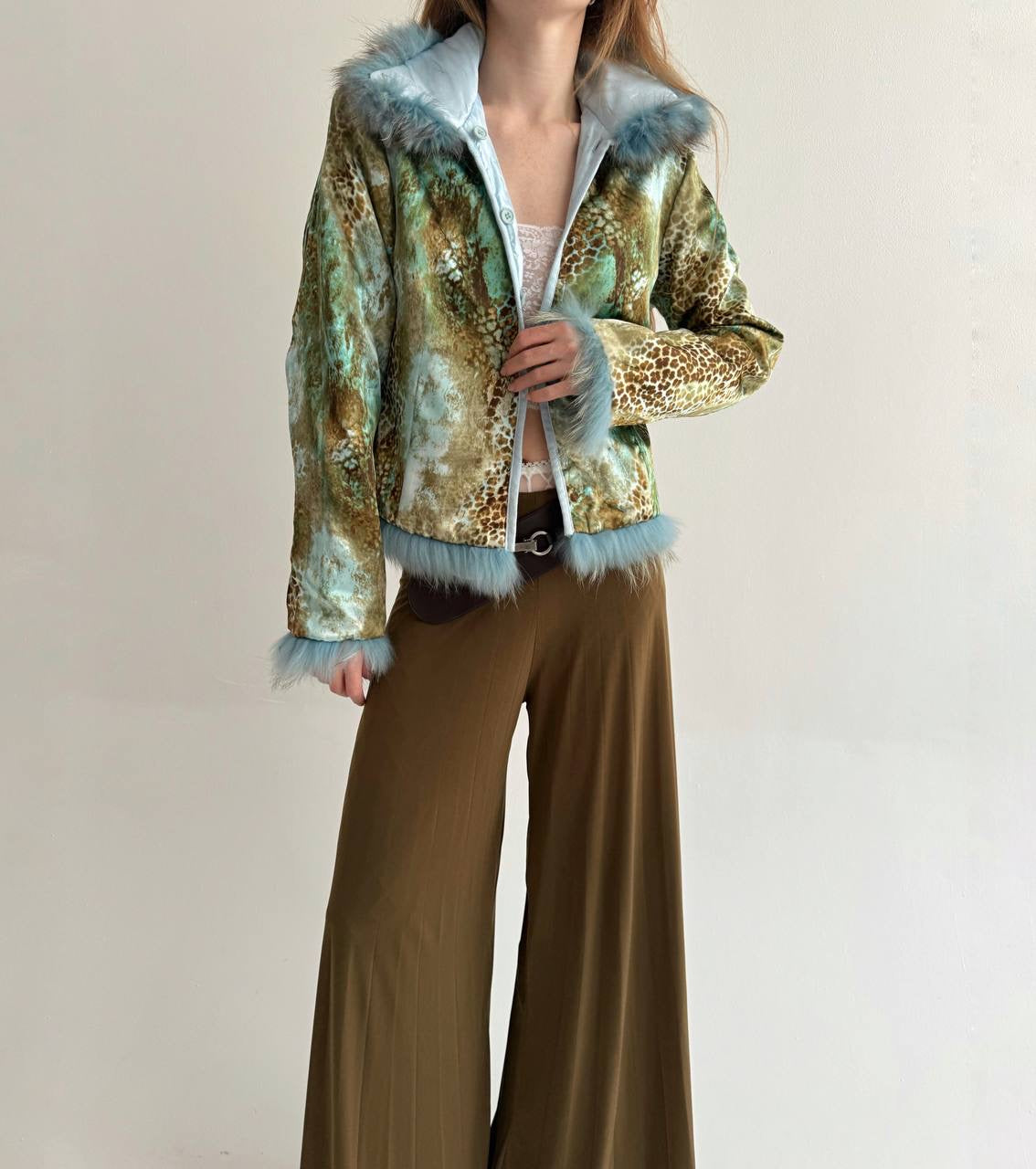 Vintage baby blue satin jacket with mixed faux