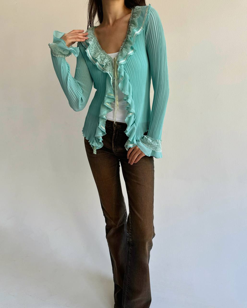 Vintage turquoise pleated lace ruffled blouse