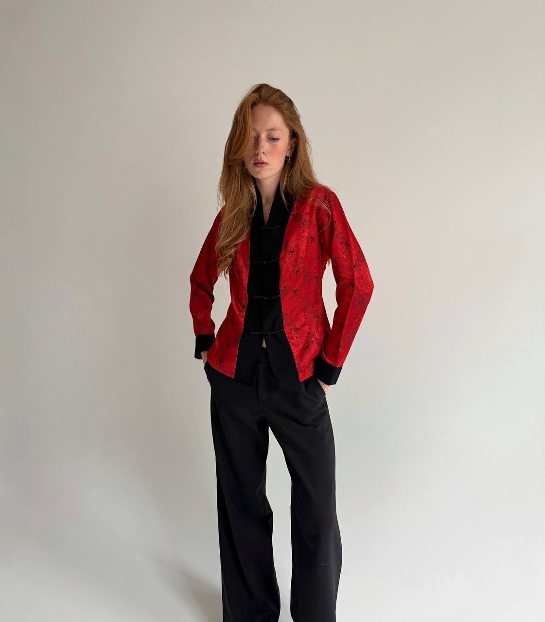 Vintage kimono style red satin blouse