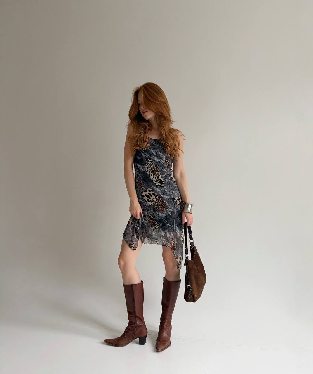 Vintage leopard and denim print midi dress