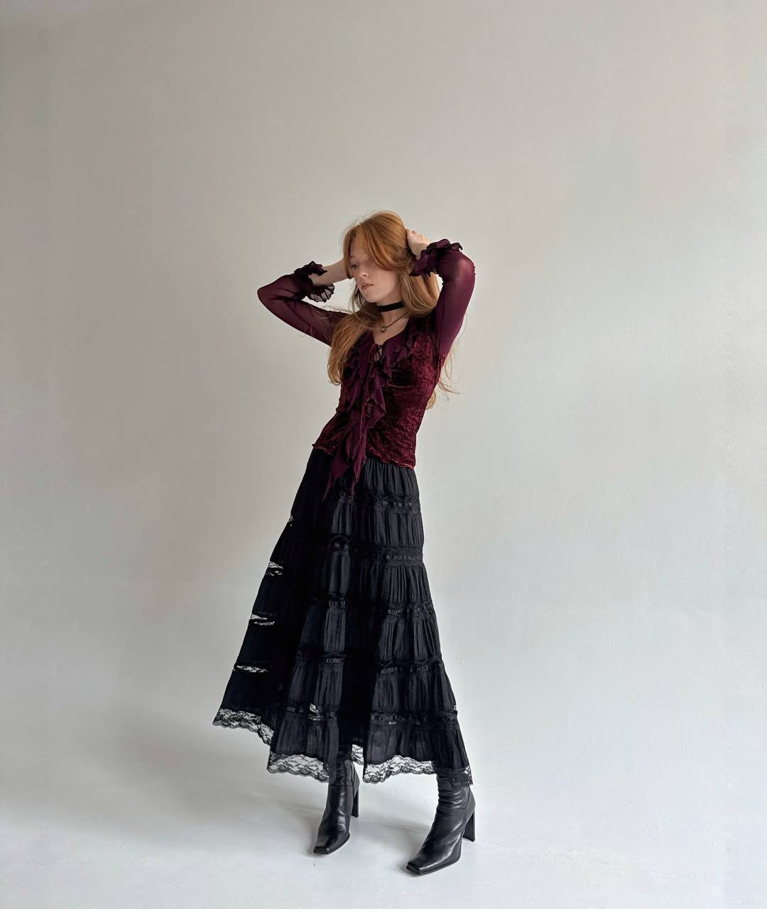 Vintage cotton maxi skirt with lace