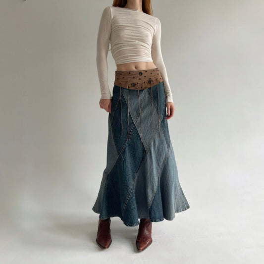 Vintage denim maxi skirt with leather waist part