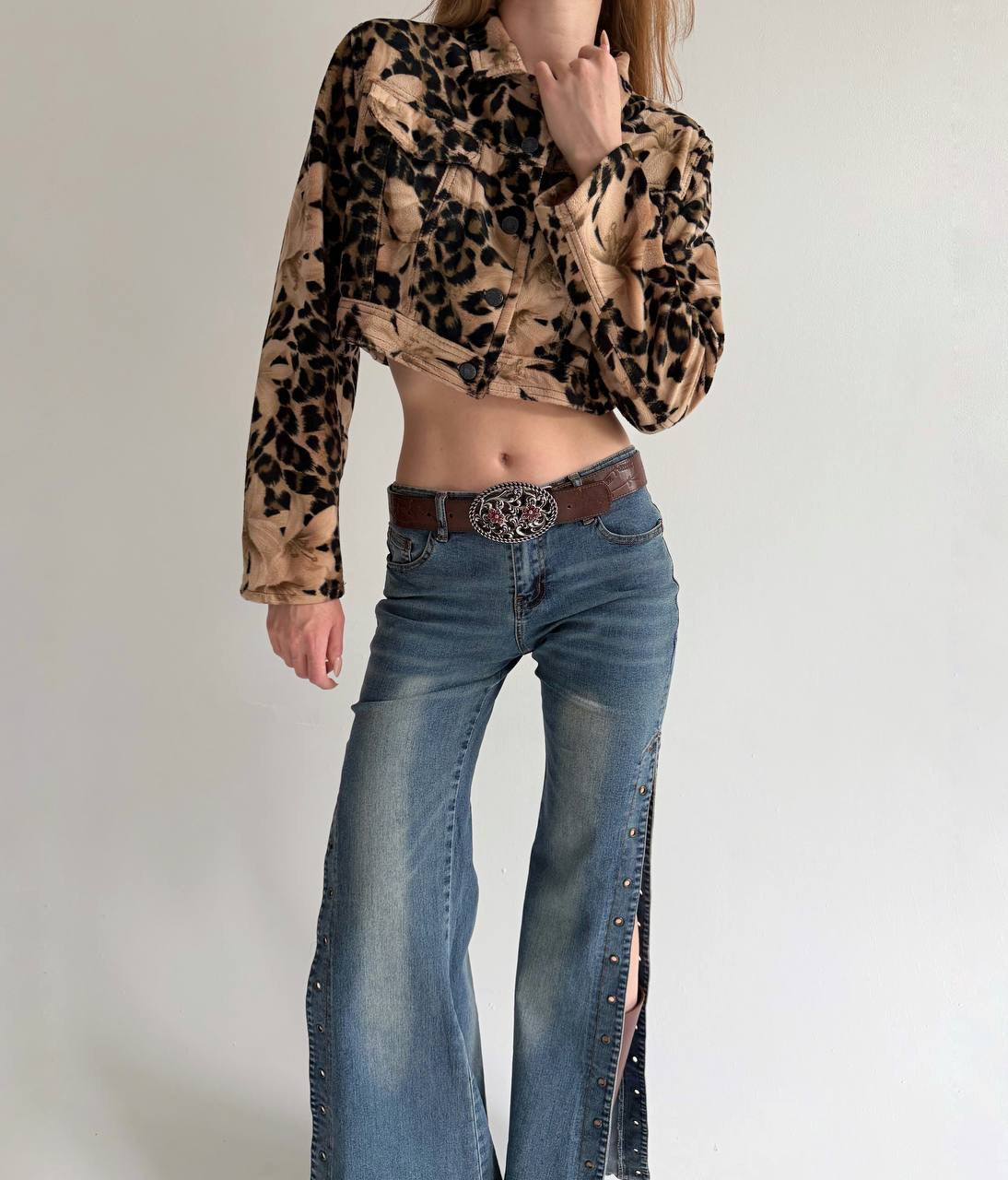Vintage cropped jacket with leopard print
