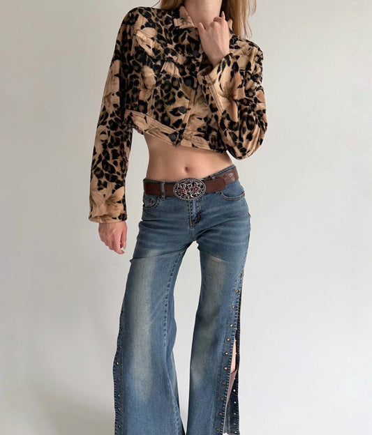 Vintage cropped jacket with leopard print