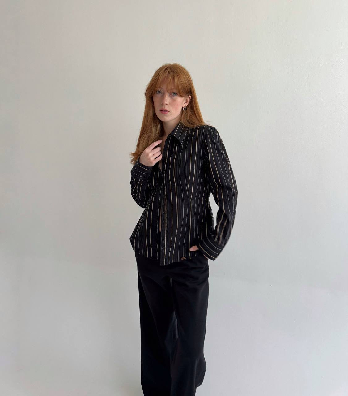 Vintage striped 55% cotton black shirt