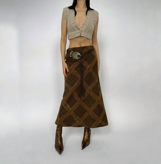 Vintage plaid maxi skirt with boho belt