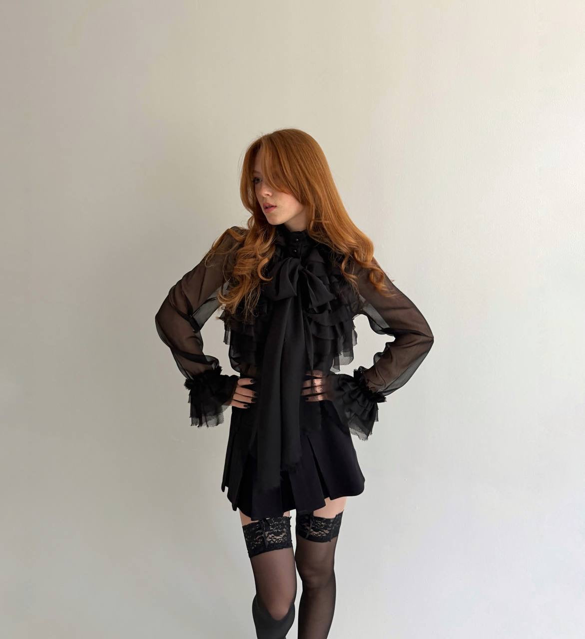 Y2K sheer black blouse with raw trim