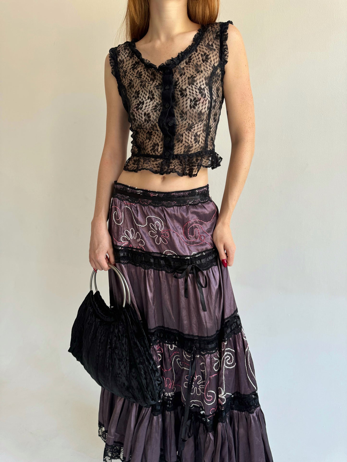 Vintage black lace sleeveless transparent top