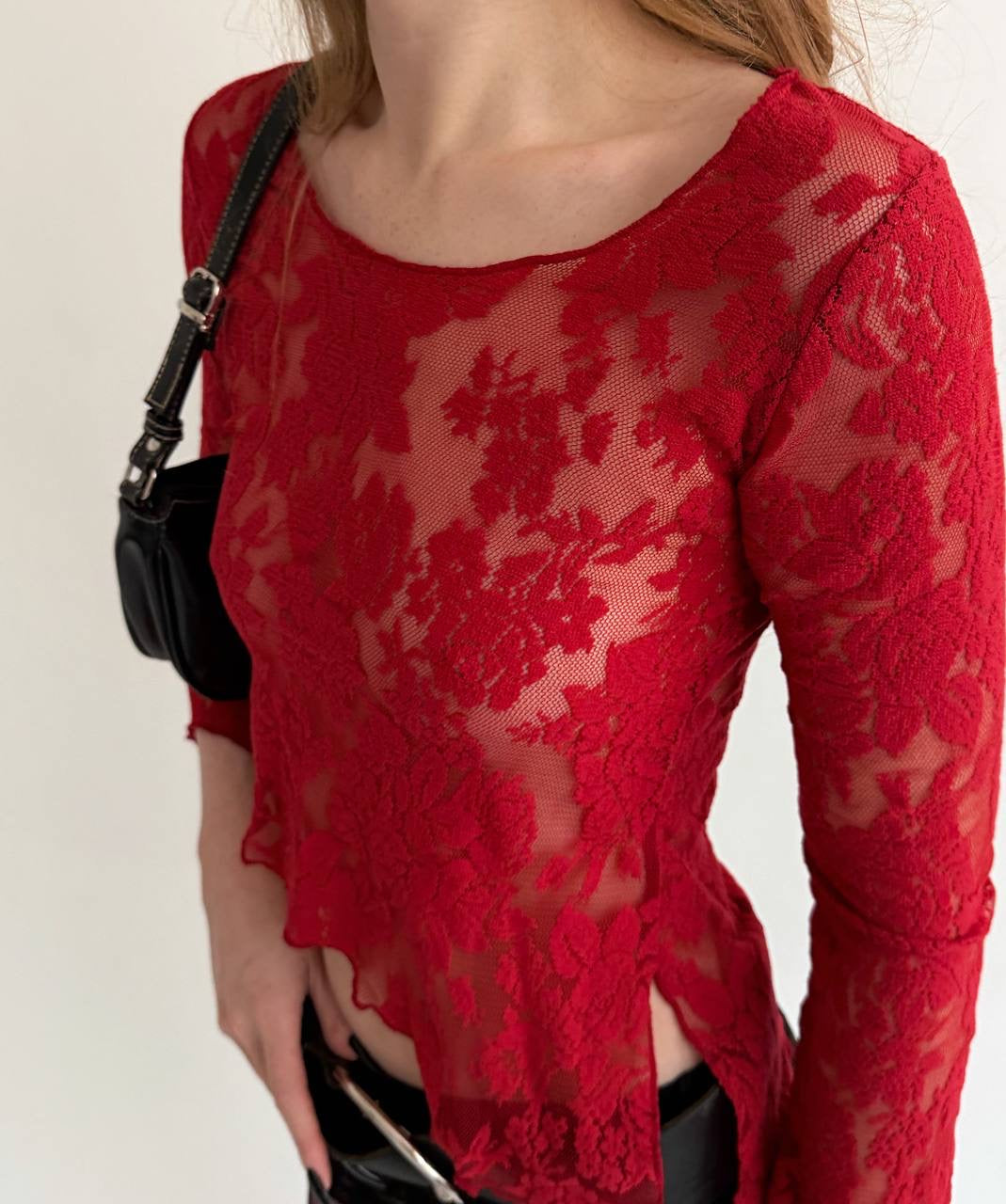 Vintage red mesh asymmetrical blouse