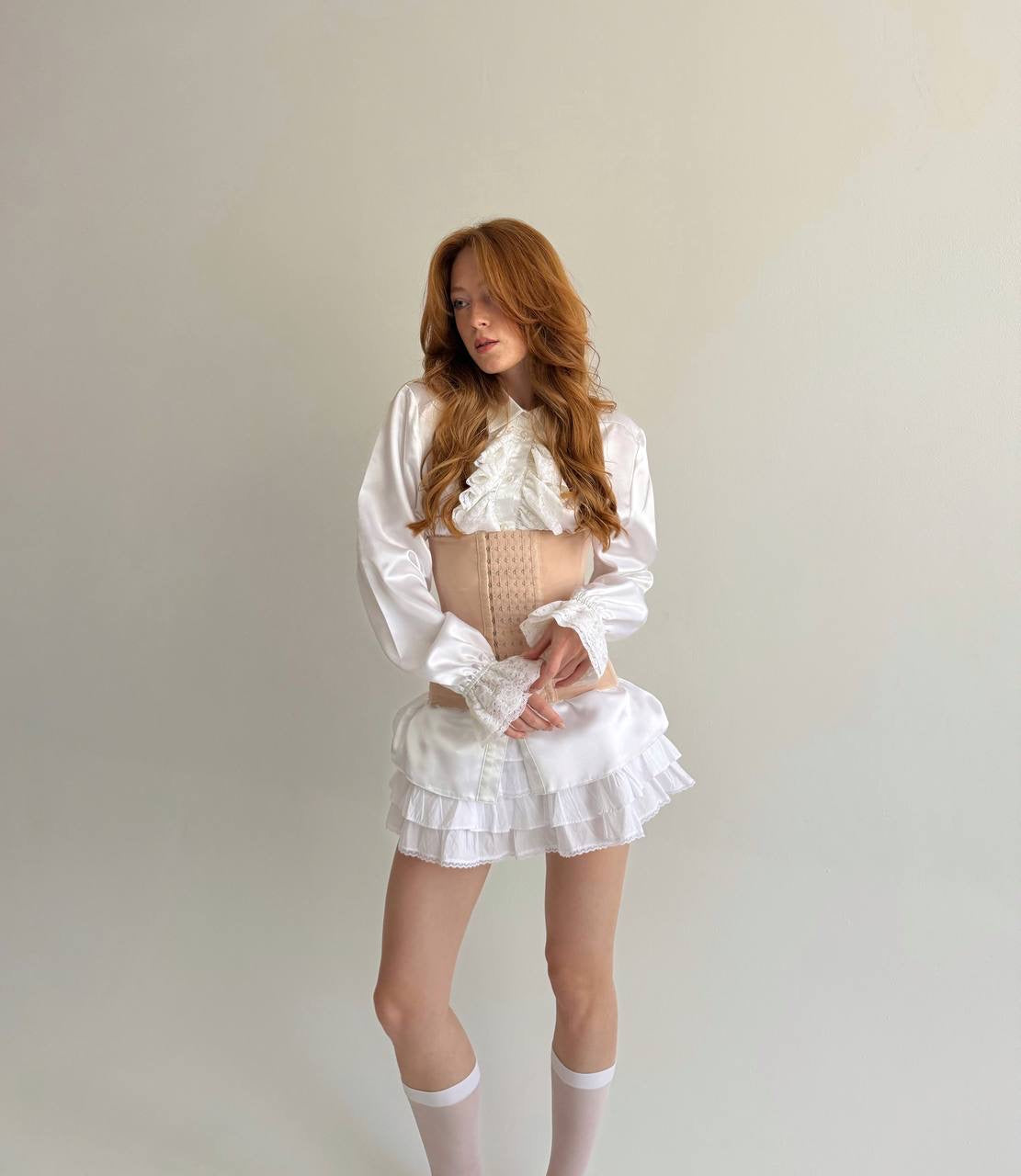 Vintage satin white shirt with lace