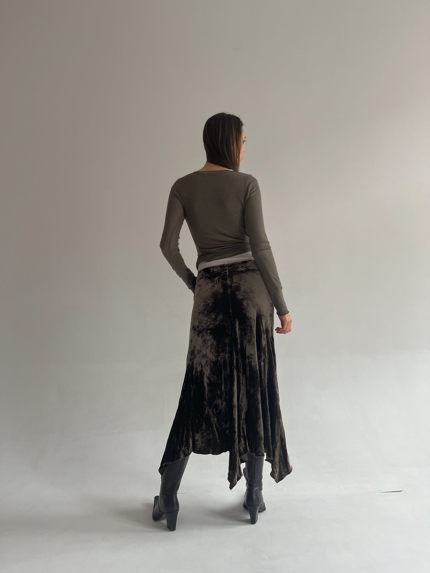 Vintage velvet khaki asymmetrical maxi skirt