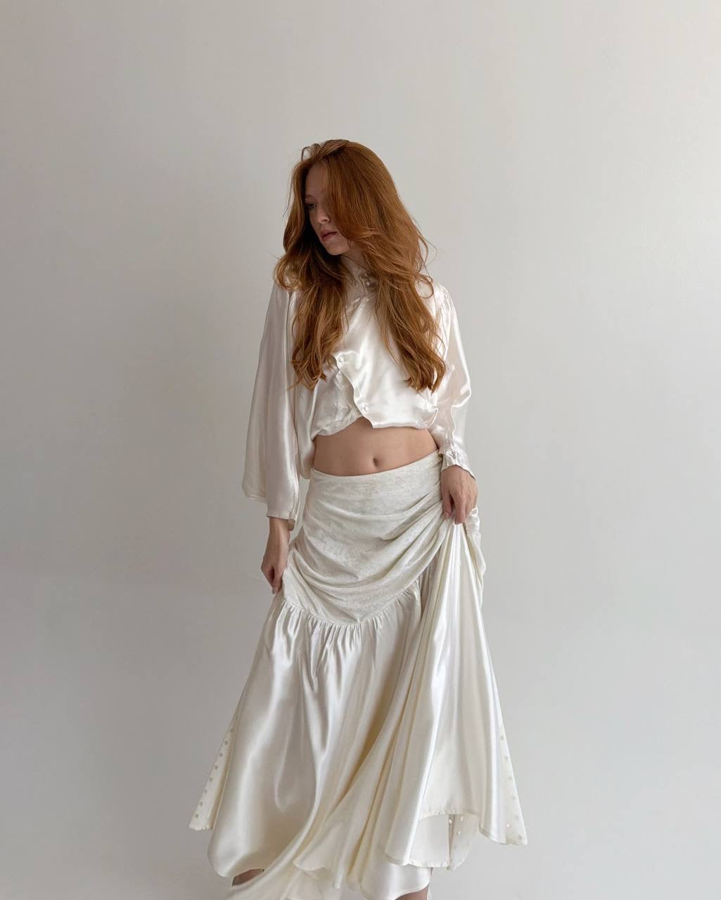 Vintage cream white maxi skirt with lace and eyelet fabric