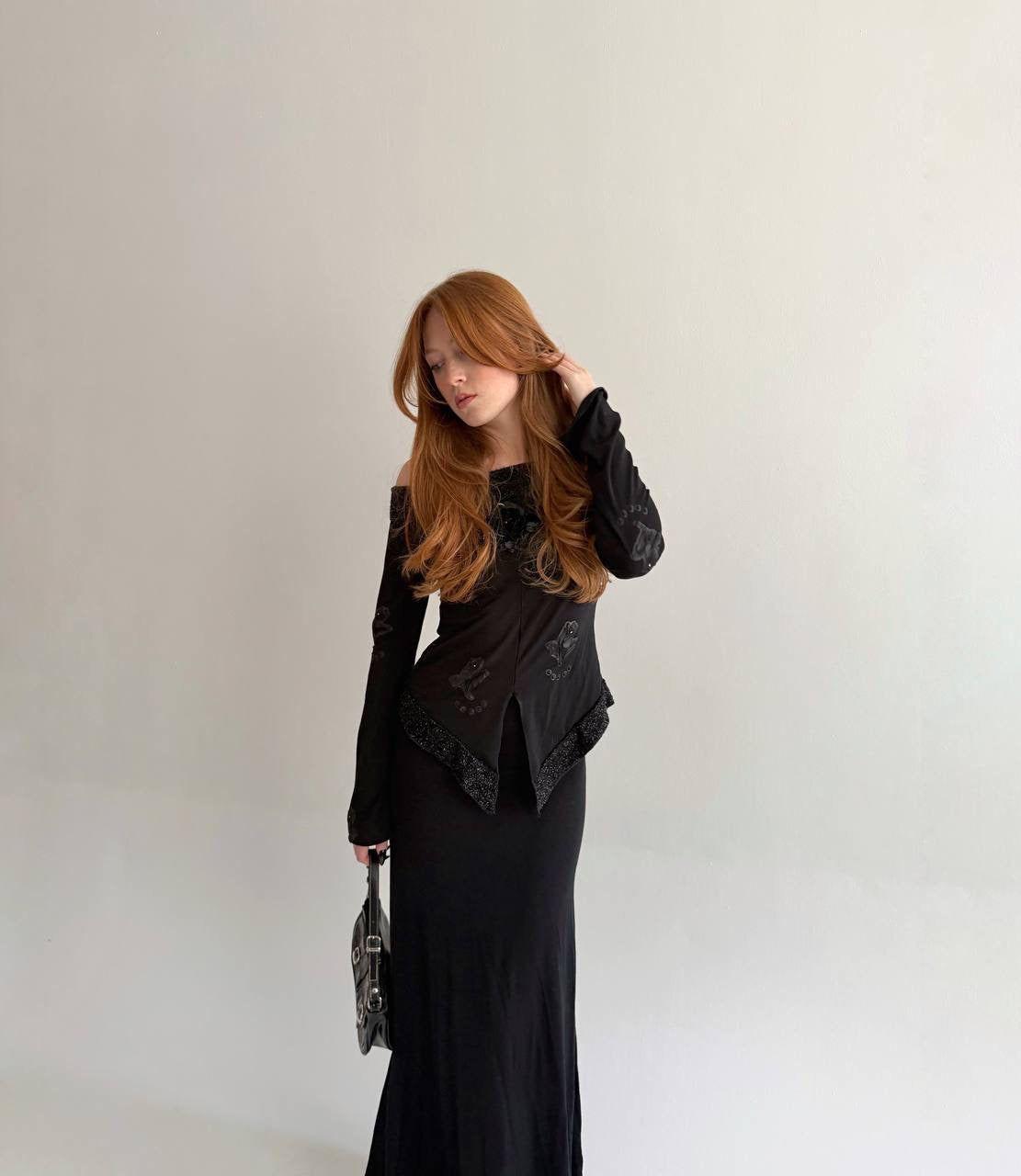 Y2K made in Italy black blouse with flower appliqué