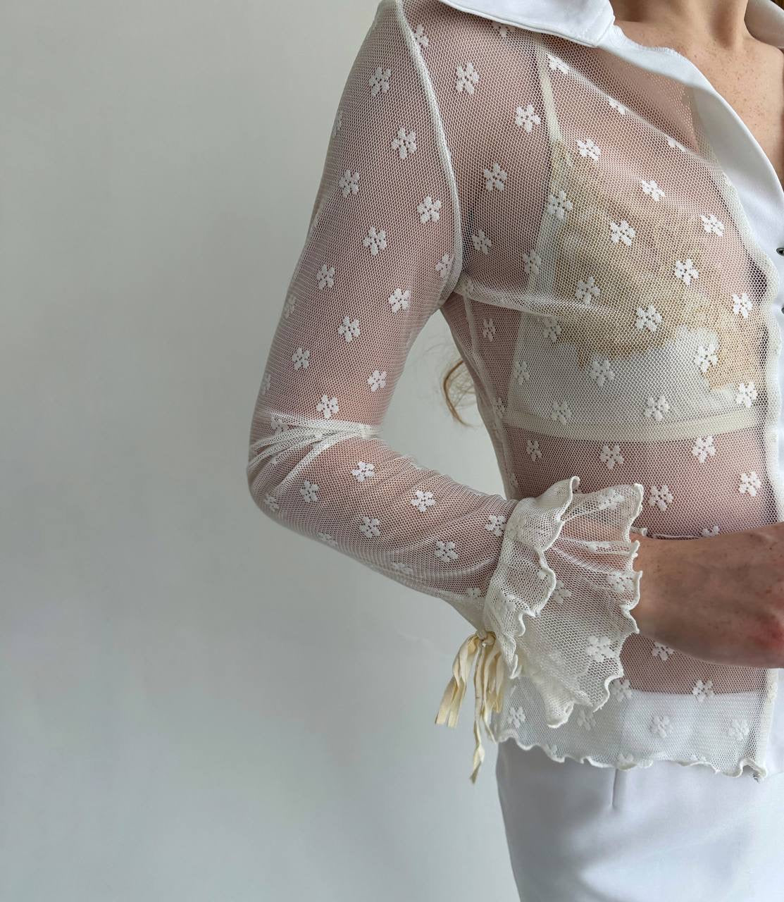 Y2K white mesh blouse with flower pattern