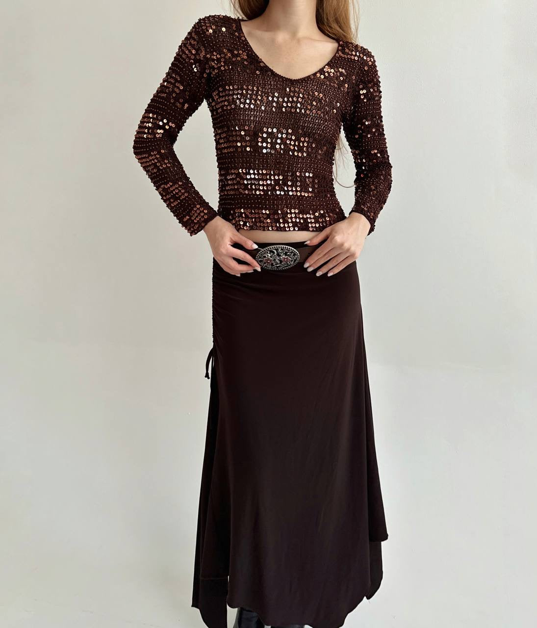 Vintage brown crochet sequin blouse
