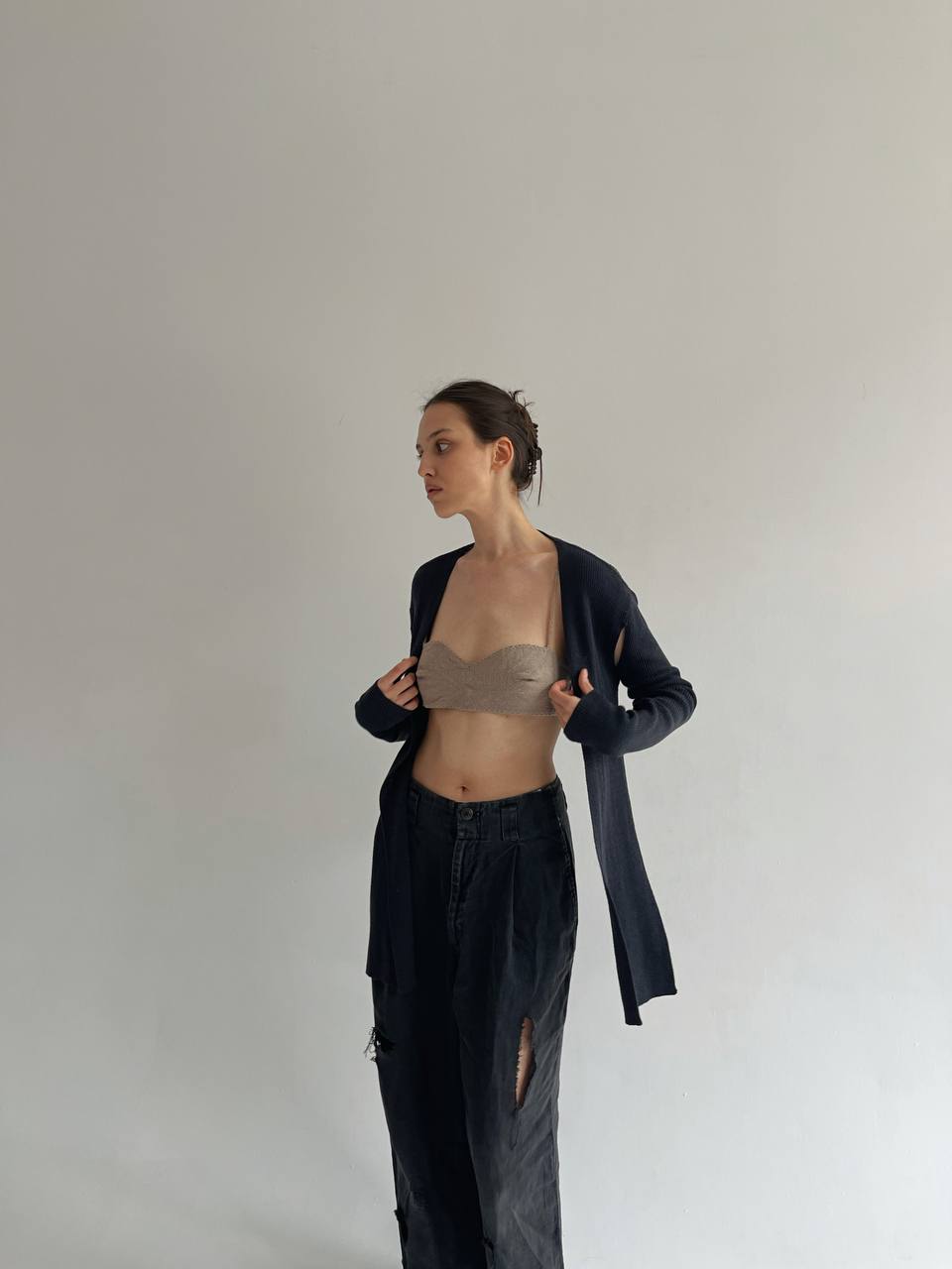 Sarah Pacini navy deconstructed avant garde cardigan