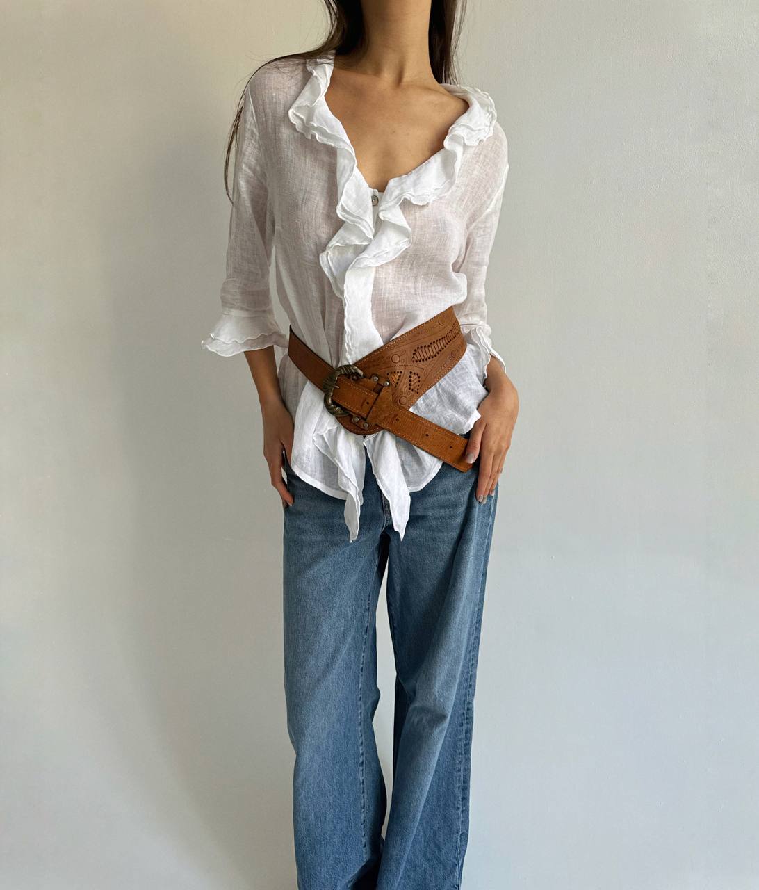 Vintage linen white blouse with ruffles