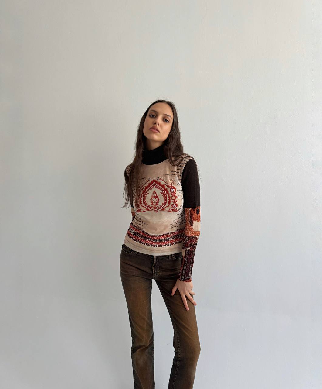 Vintage mesh printed blouse with knitted turtleneck