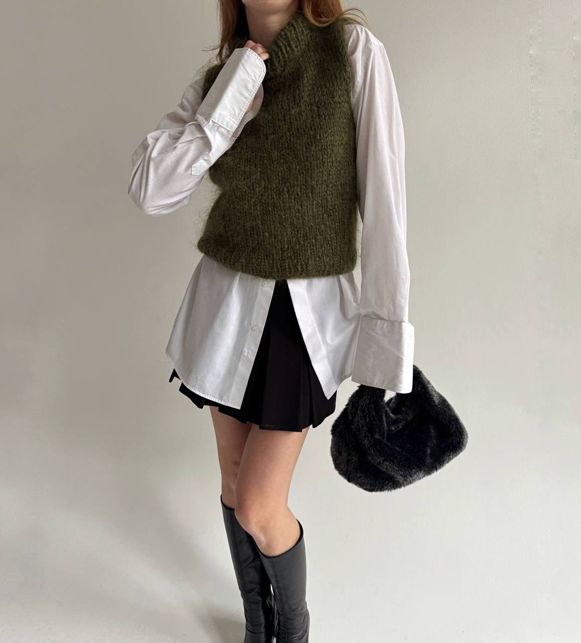 Vintage khaki fluffy knitted vest