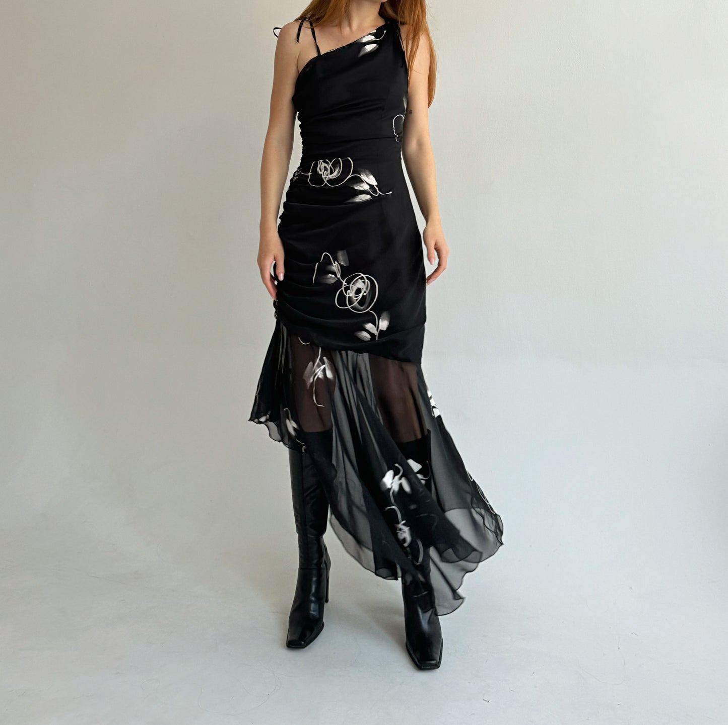 Vintage black asymmetrical maxi dress with a print, gathering and mesh bottom