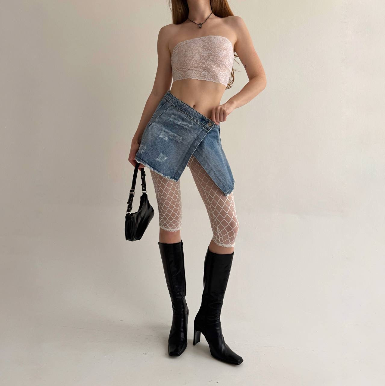 Vintage light blue denim asymmetrical pleated skirt