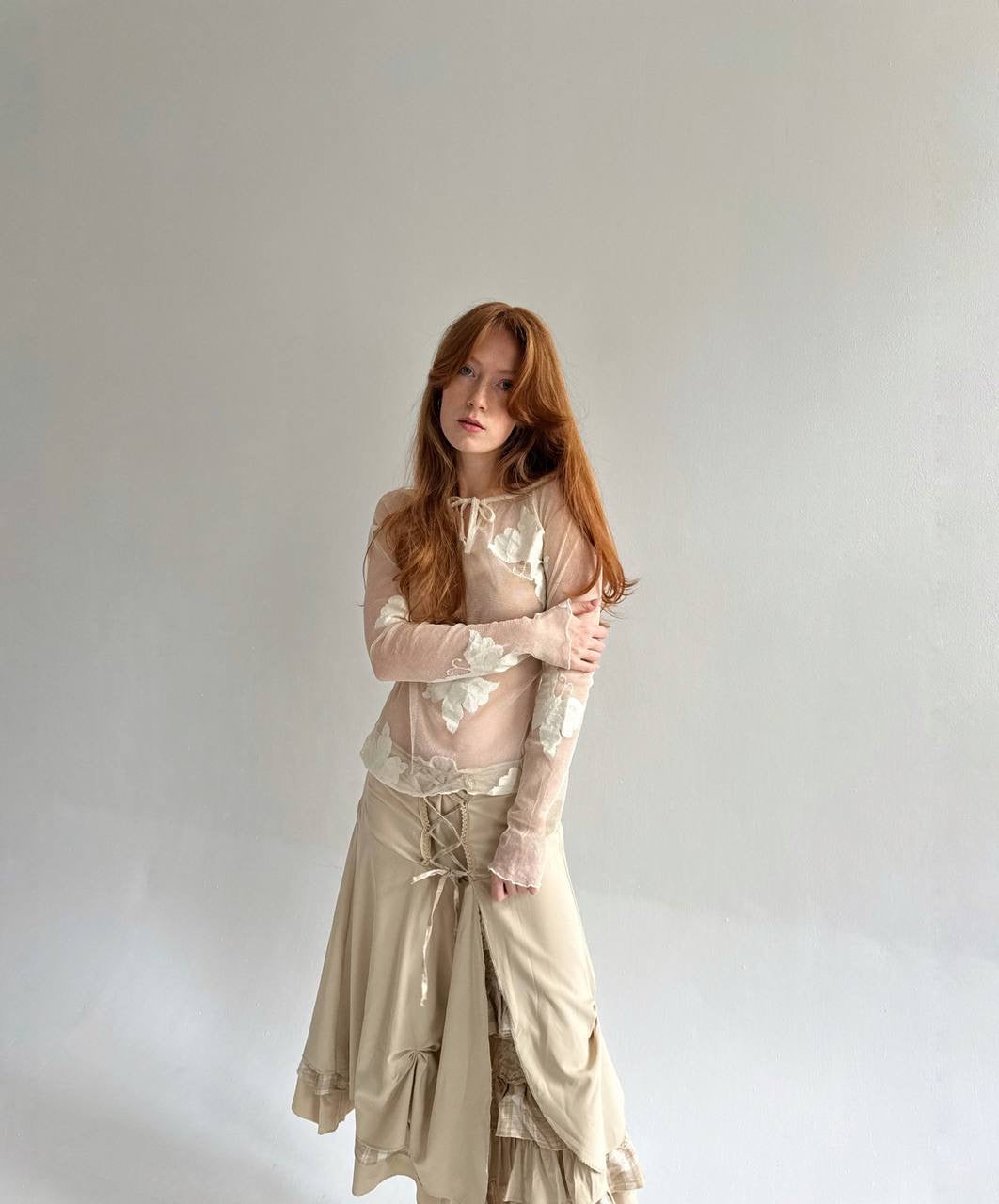 Vintage cream mesh transparent blouse with butterflies