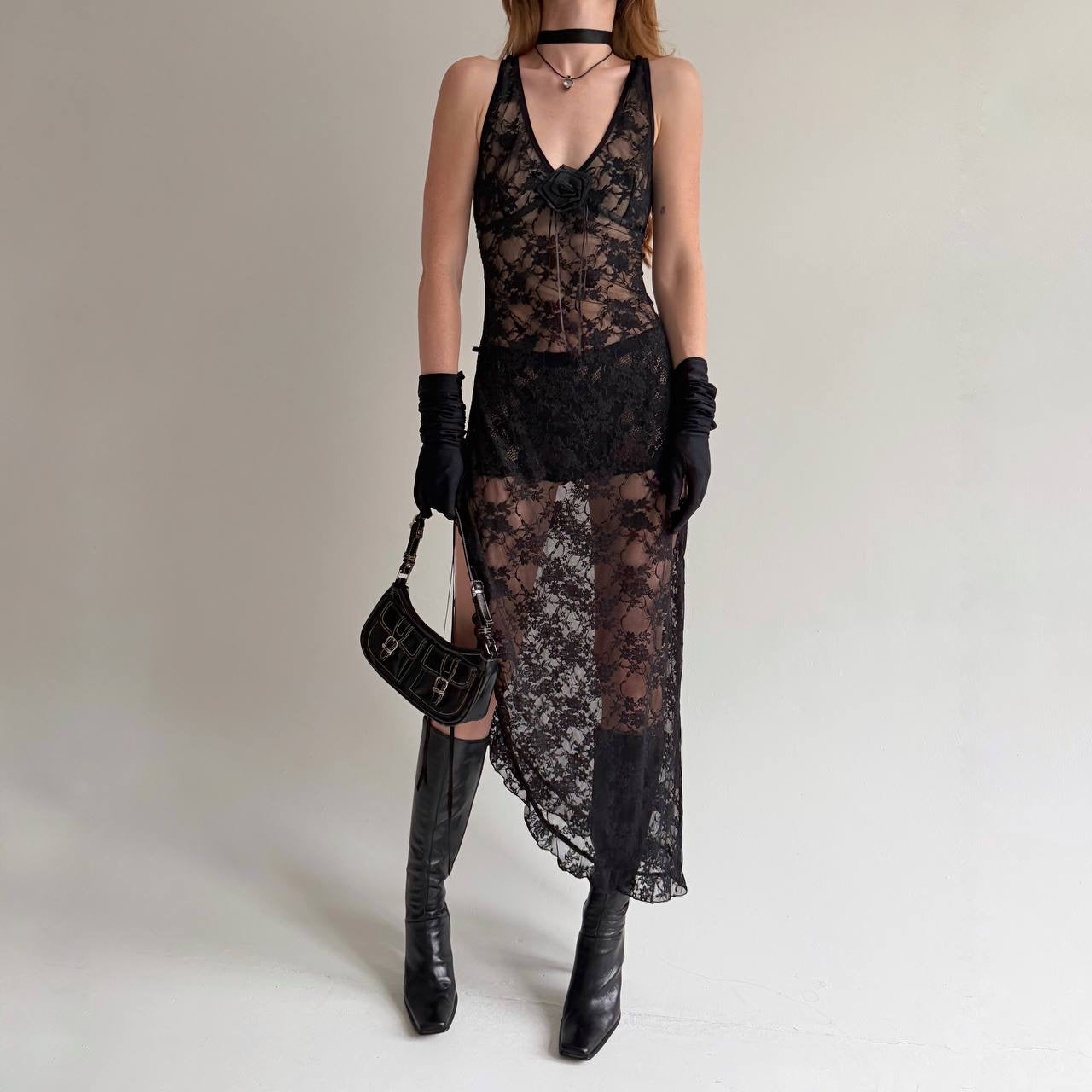 Vintage black lace asymmetrical long dress
