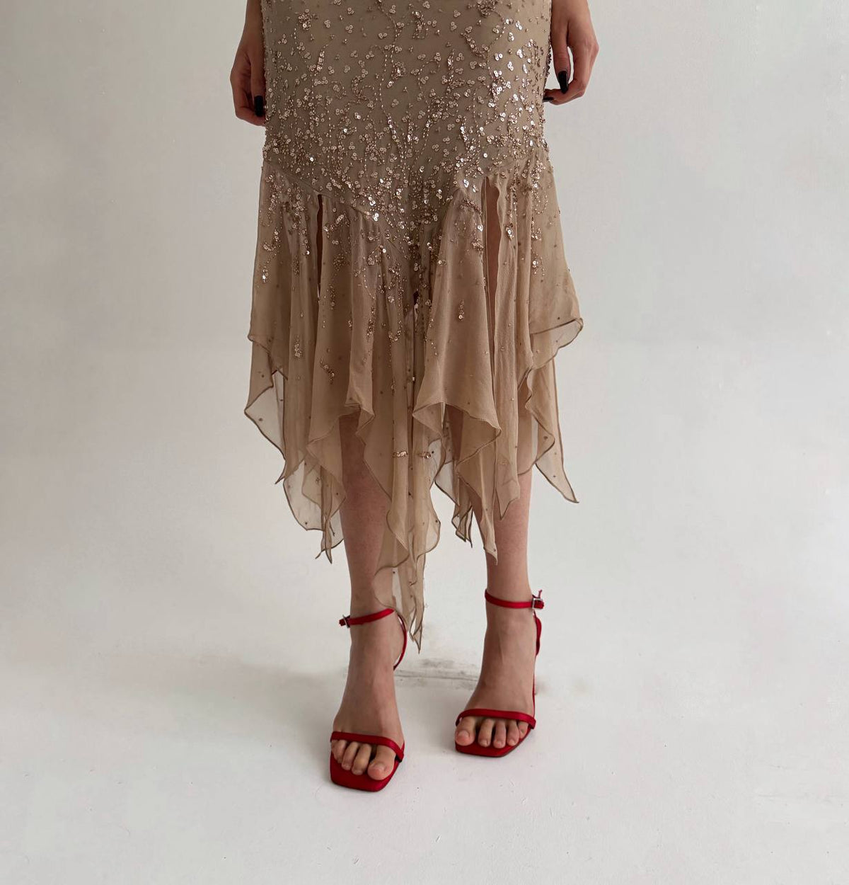 Vintage pure silk nude beaded dress