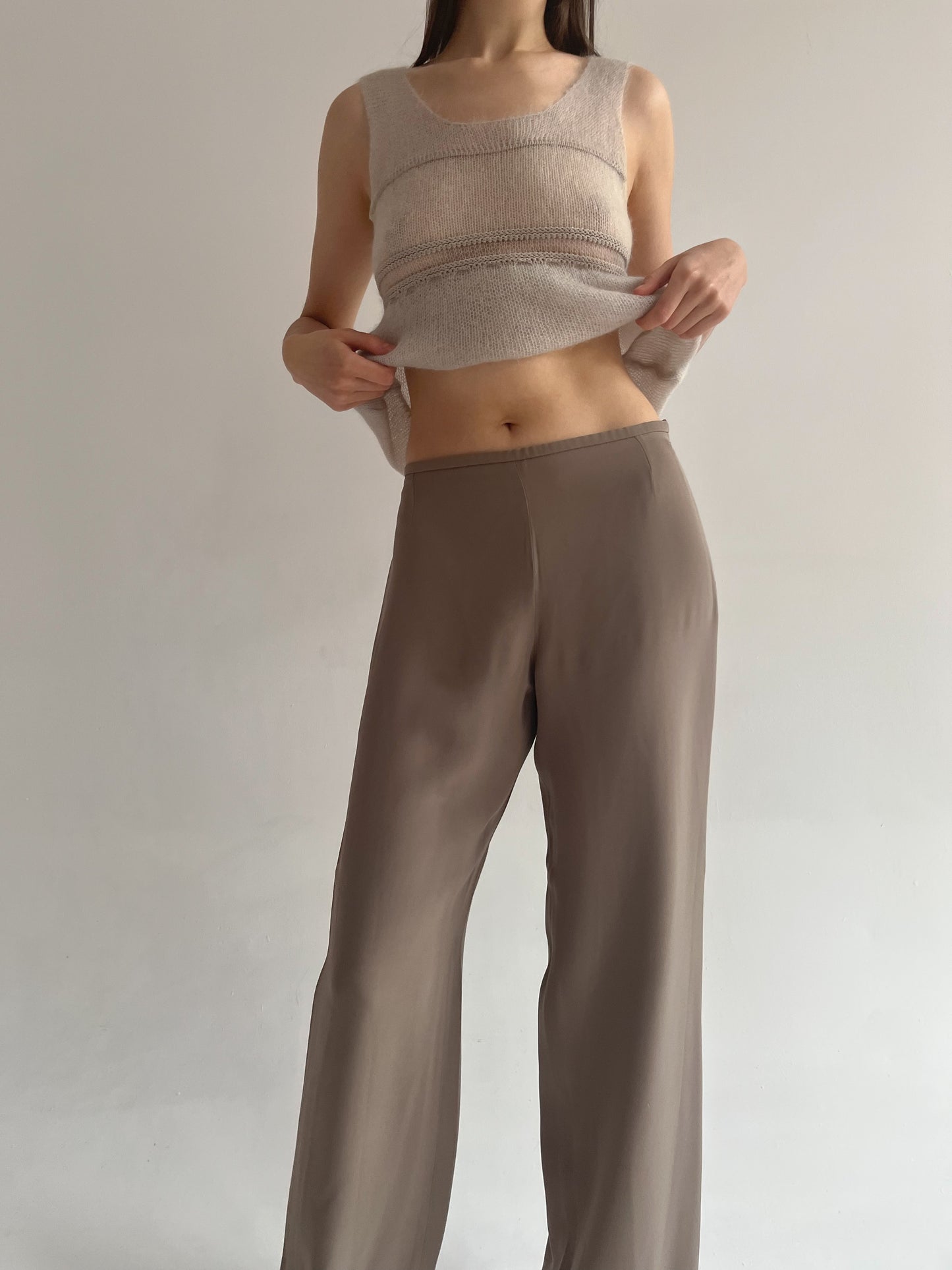 Armani Collezioni taupe silk and acetate long pants