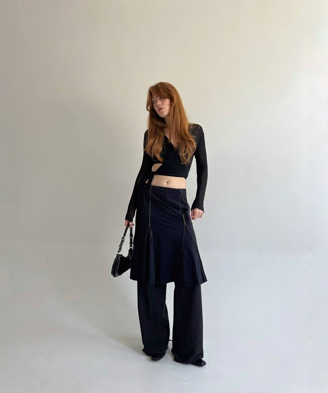 Y2K black midi skirt with zippers