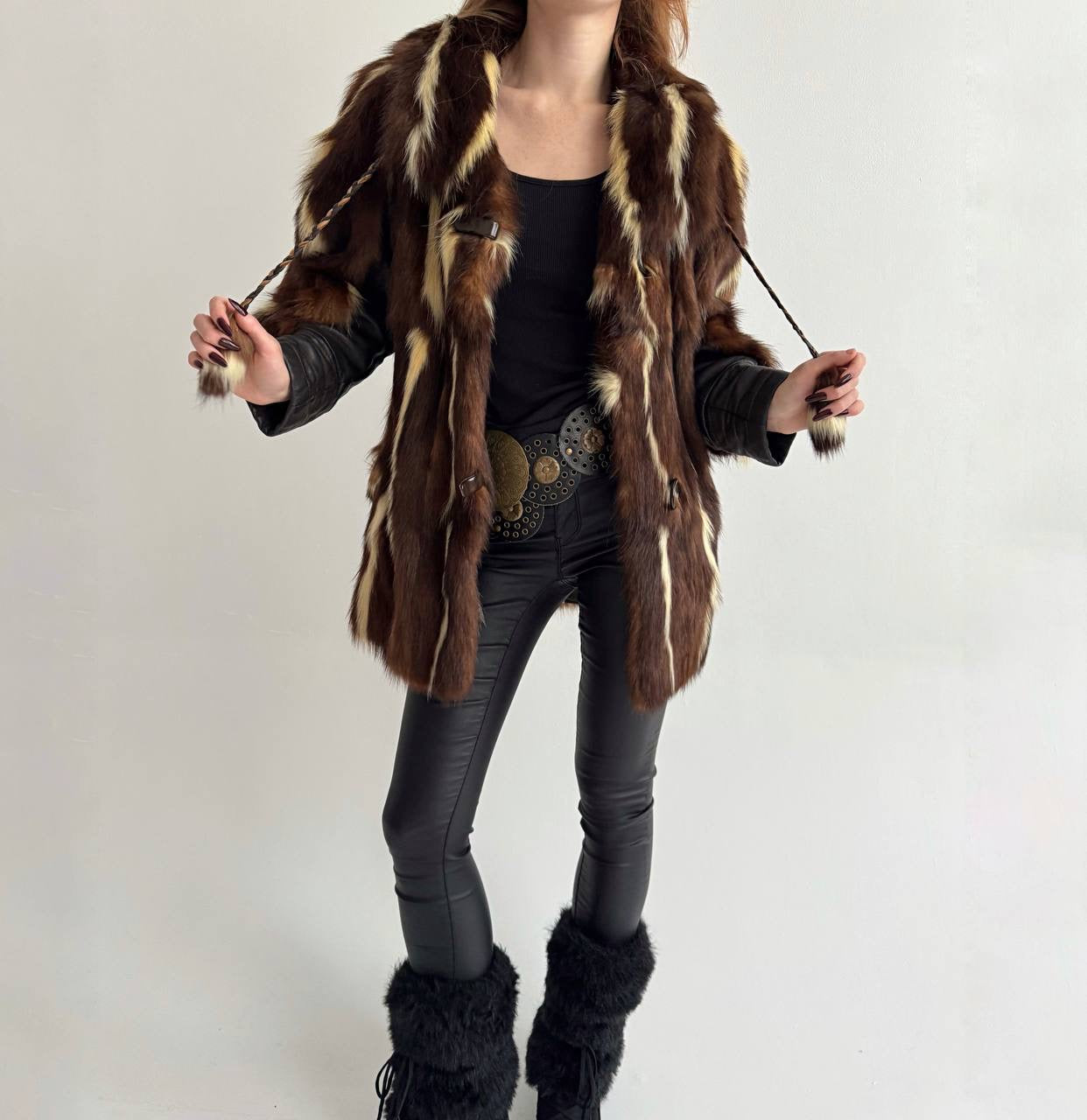 Vintage real fur coat with tortoise shell belt
