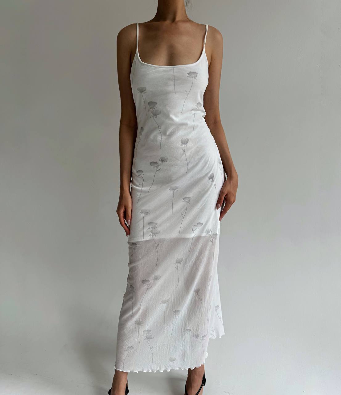 Vintage viscose mesh white dress with flowers