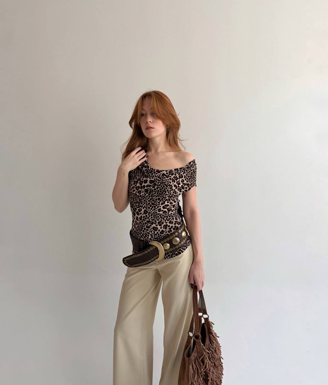 Y2K leopard print draped blouse