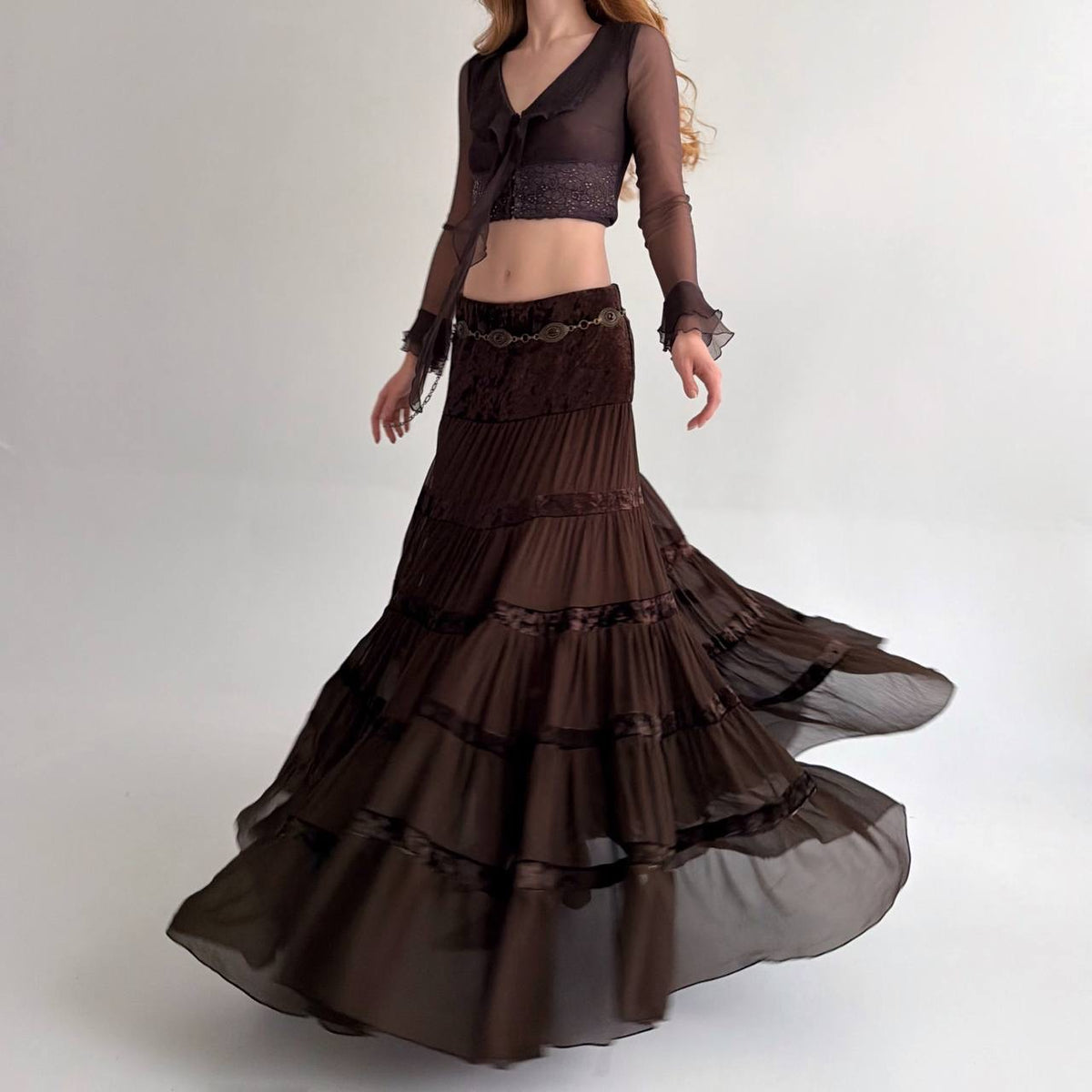 Vintage viscose brown sheer ruched maxi skirt
