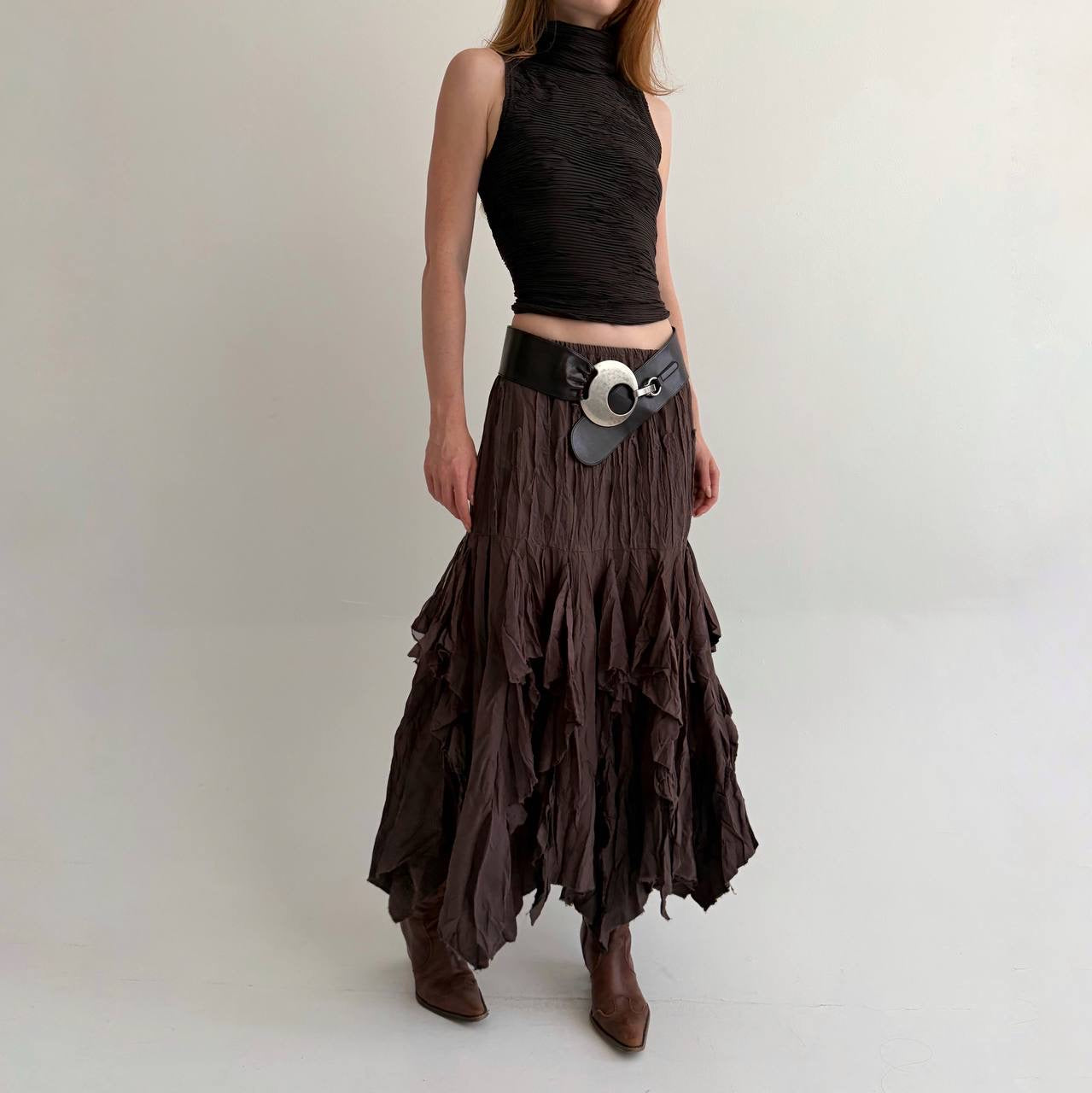 Vintage brown asymmetrical long skirt
