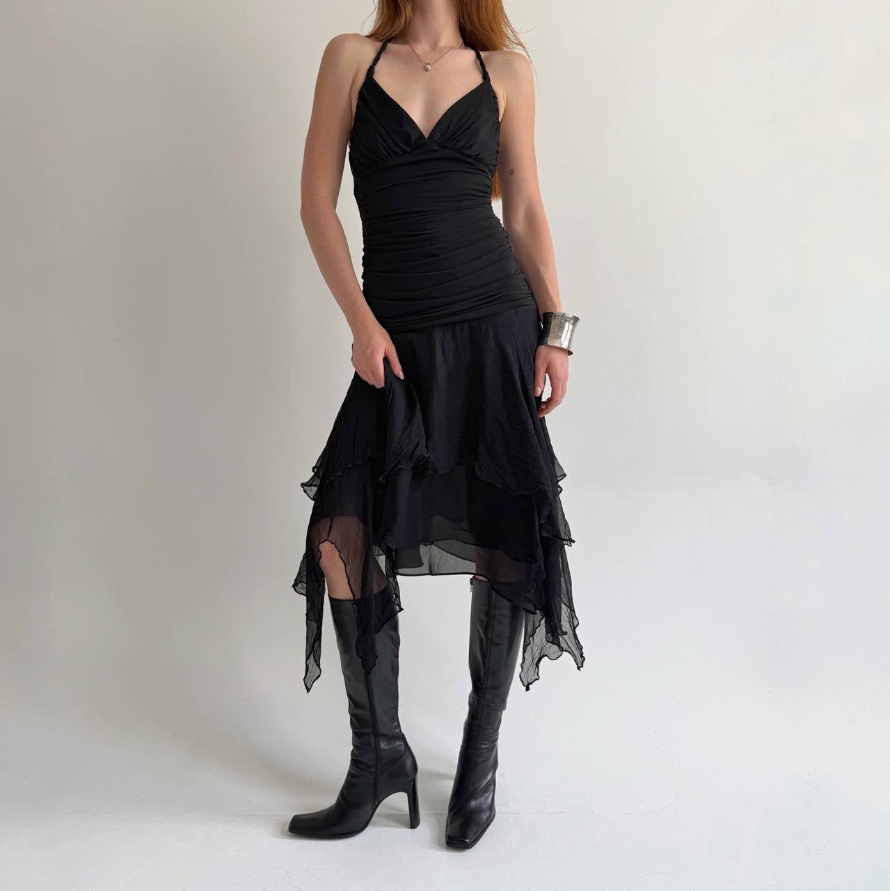 Y2K pure silk bottom black asymmetrical dress