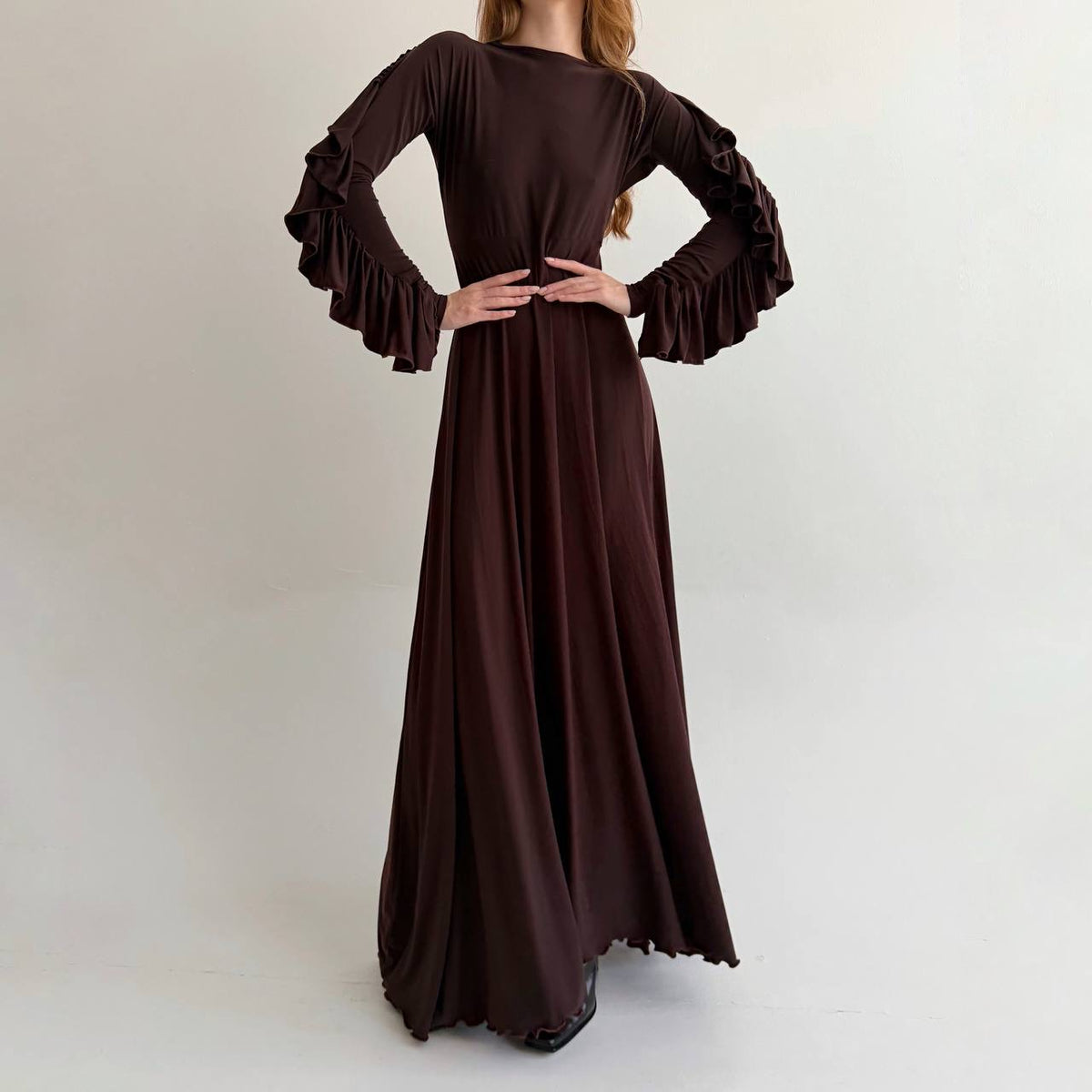 Vintage brown elastic maxi long dress