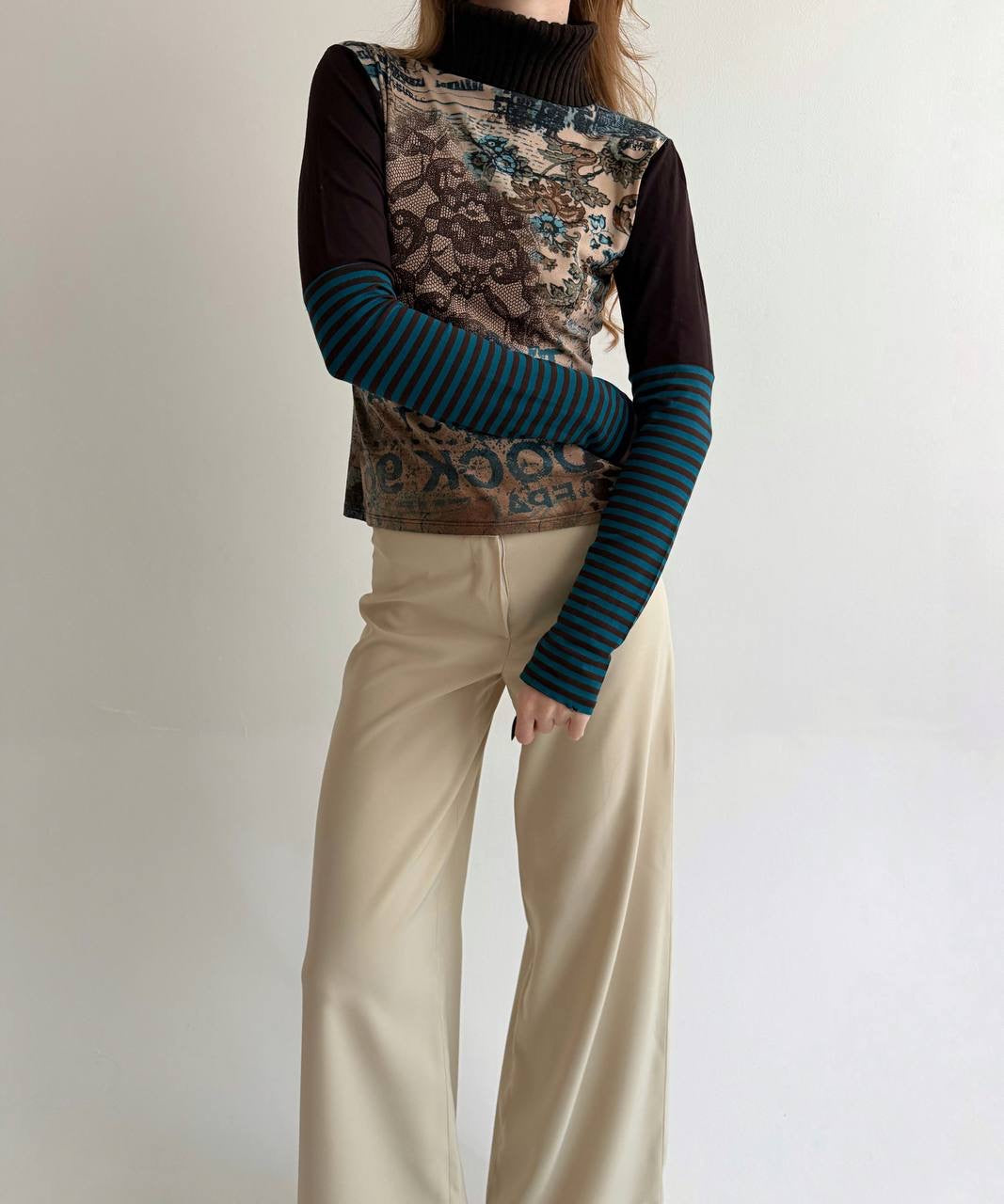 Vintage viscose printed blouse with knitted turtleneck