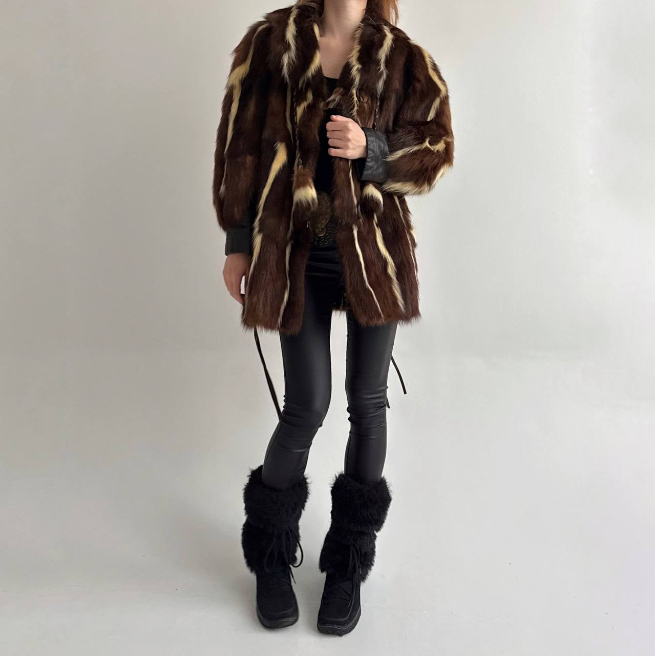 Vintage real fur coat with tortoise shell belt