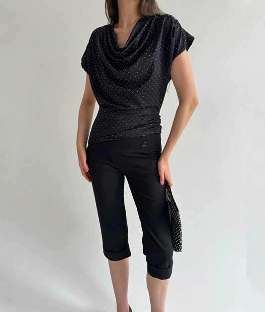 Vintage black draped blouse with rhinestones